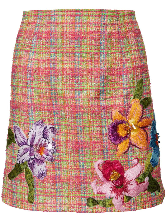 Floral-Embroidered Tweed Miniskirt