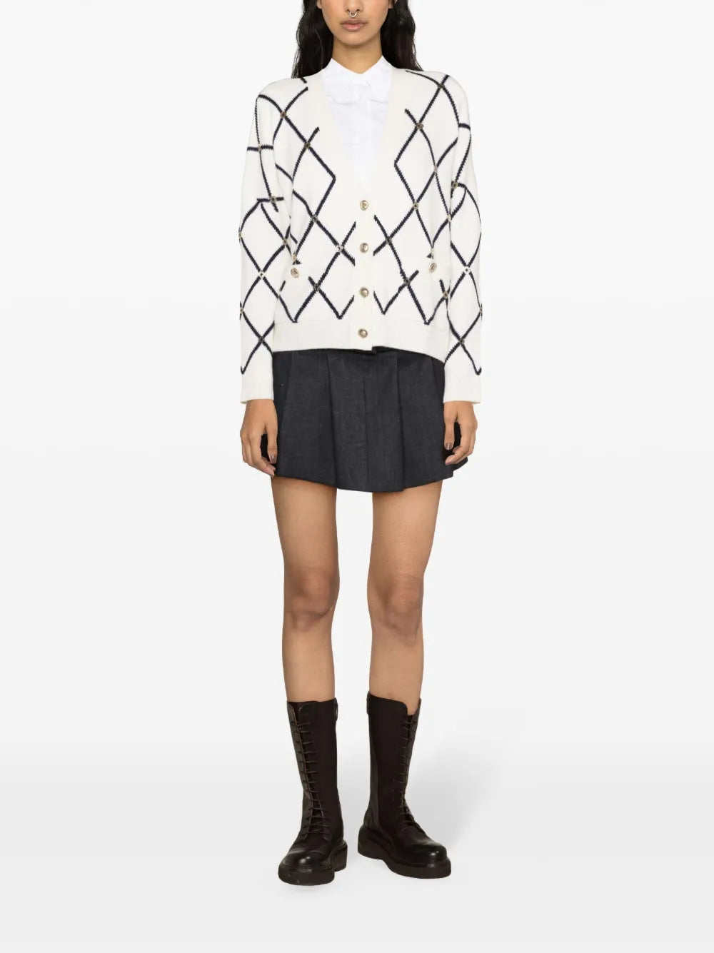 Diamond-Pattern Knitted Cardigan