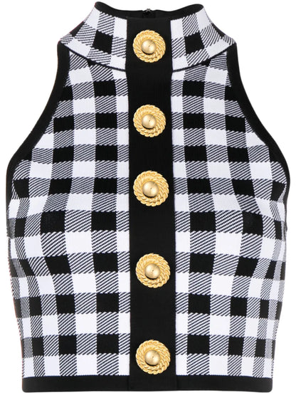 5-Button Check-Pattern Crop Top