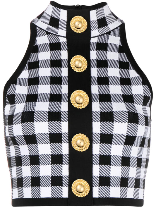 5-Button Check-Pattern Crop Top