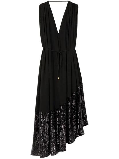 Sequin-Embellished Pleated Maxi Dress