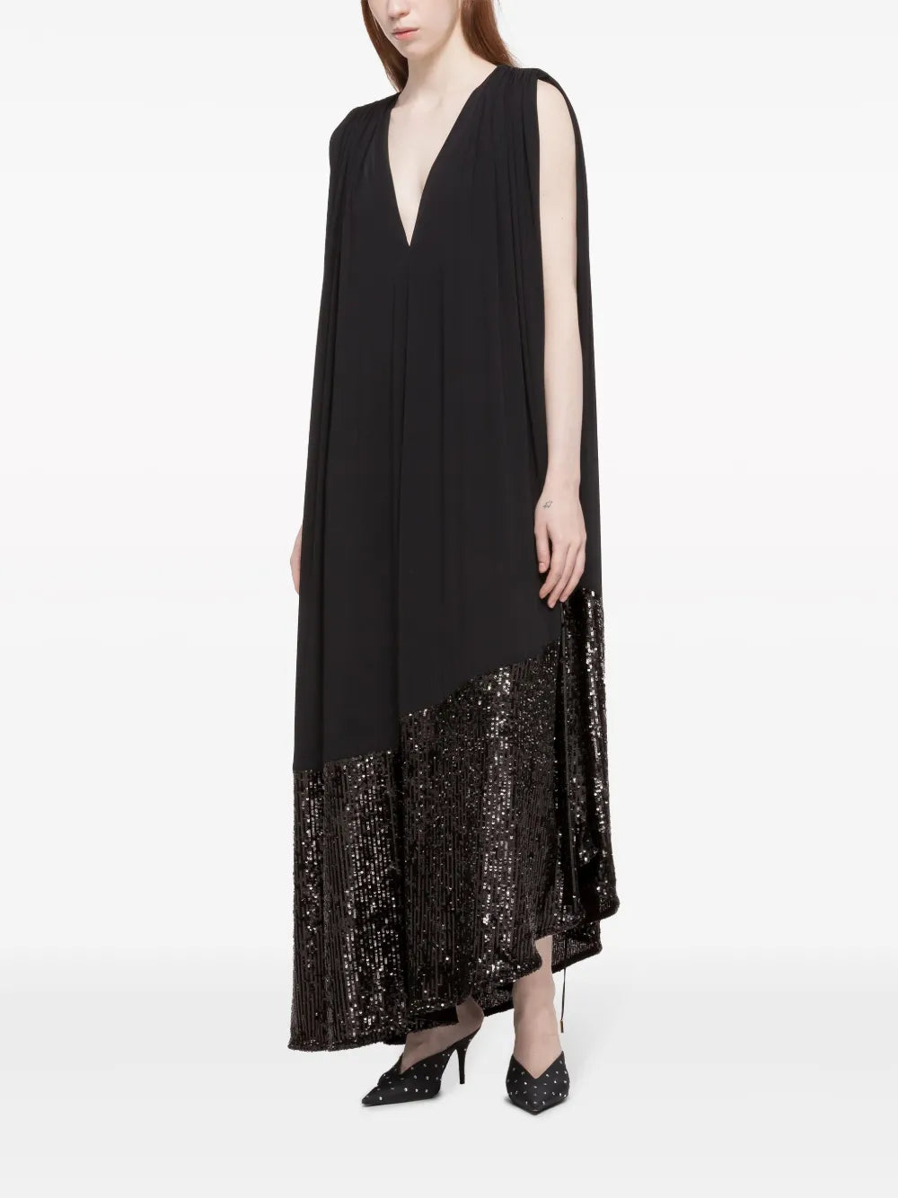Sequin-Embellished Pleated Maxi Dress