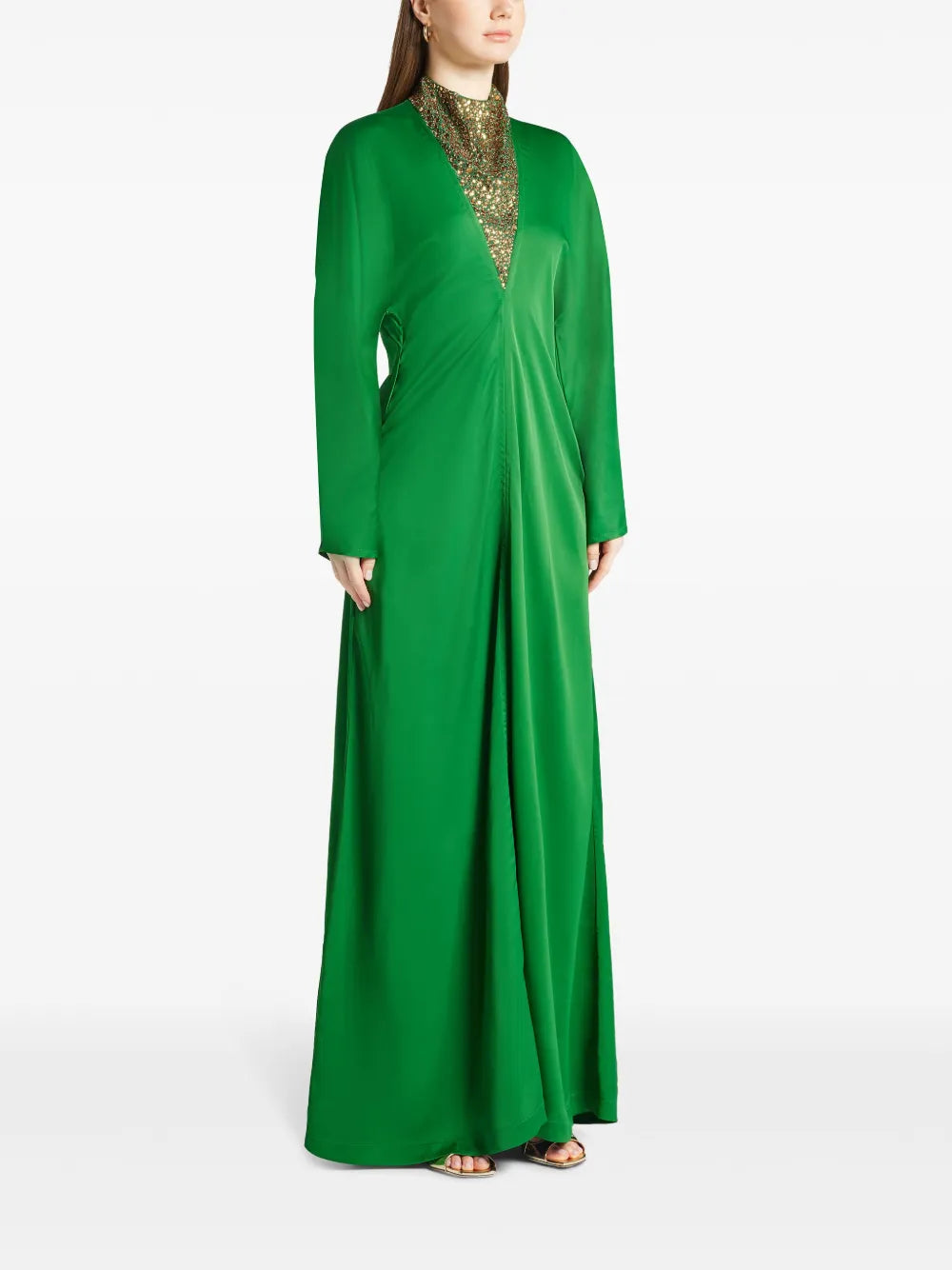 Stone-Appliqué Long-Sleeved Gown