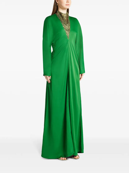 Stone-Appliqué Long-Sleeved Gown
