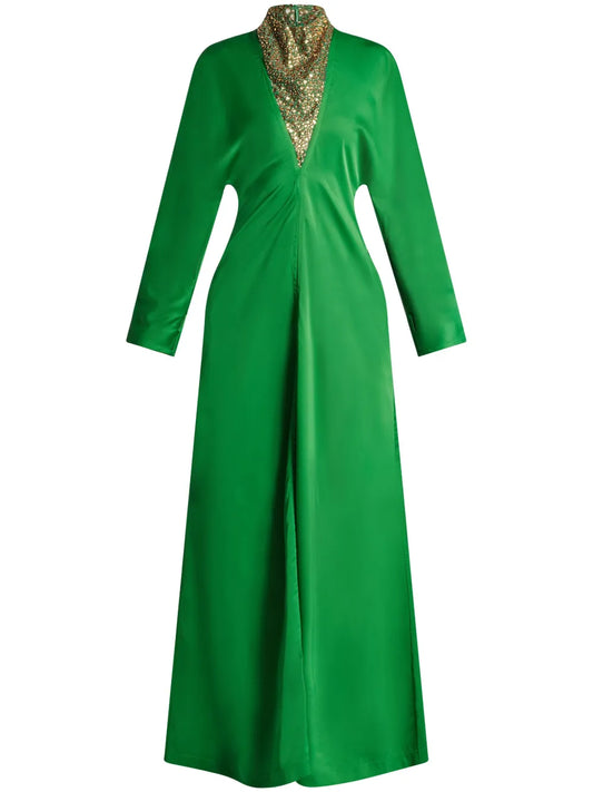 Stone-Appliqué Long-Sleeved Gown