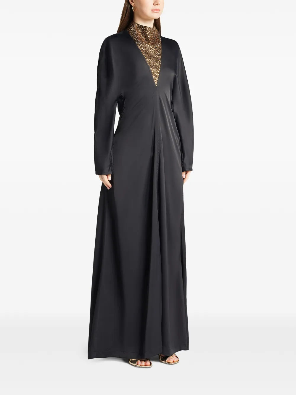 Stone-Appliqué Long-Sleeved Gown