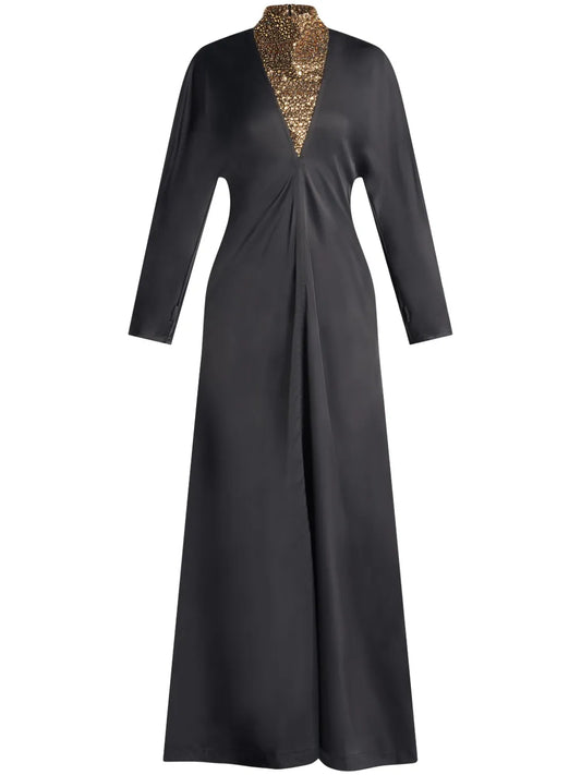 Stone-Appliqué Long-Sleeved Gown