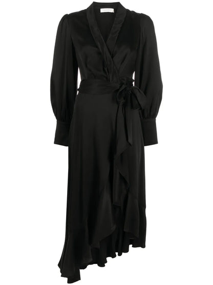 Long-Sleeve Wrap Silk Midi Dress