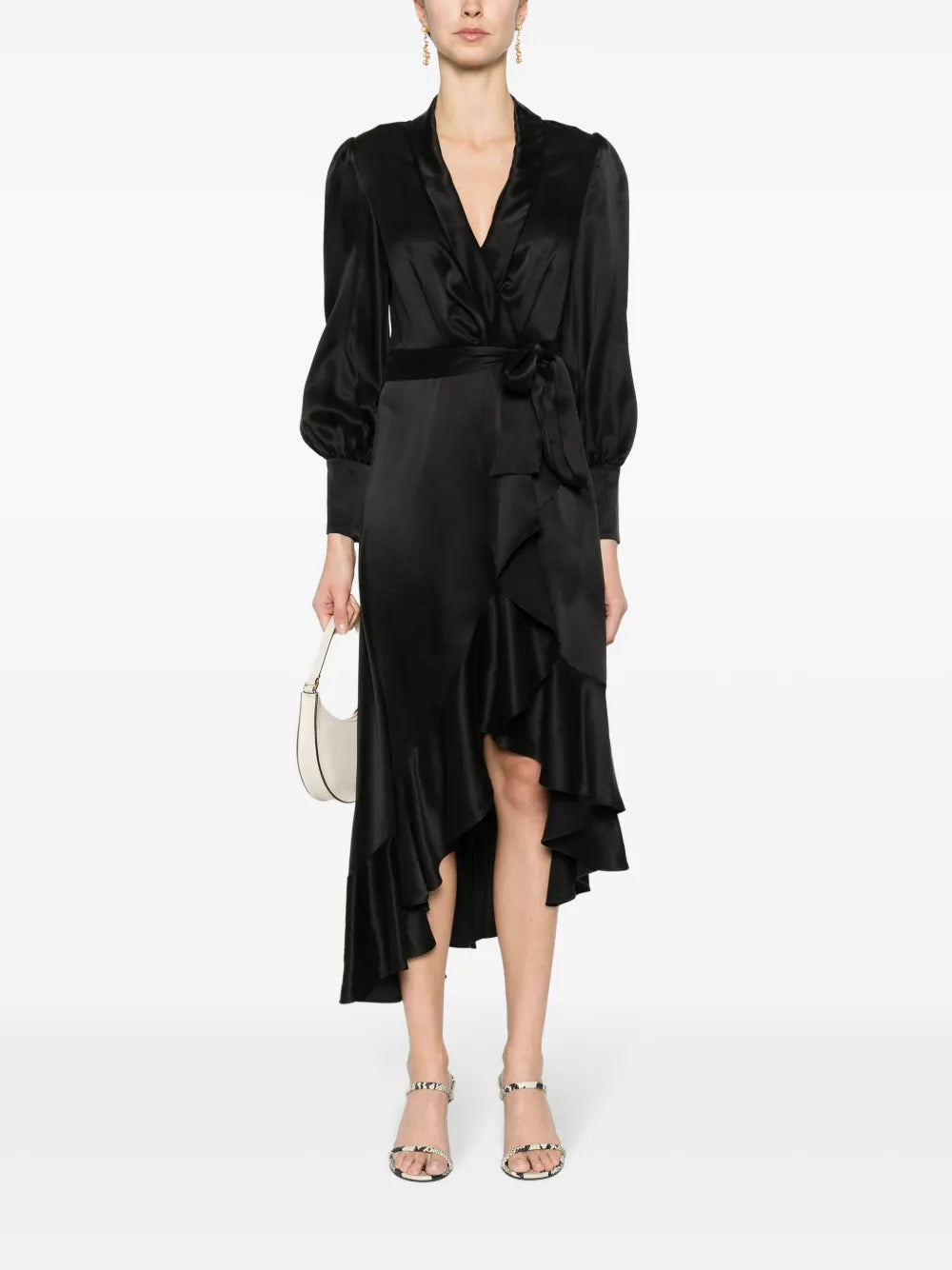 Long-Sleeve Wrap Silk Midi Dress