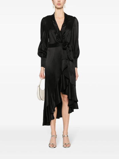 Long-Sleeve Wrap Silk Midi Dress