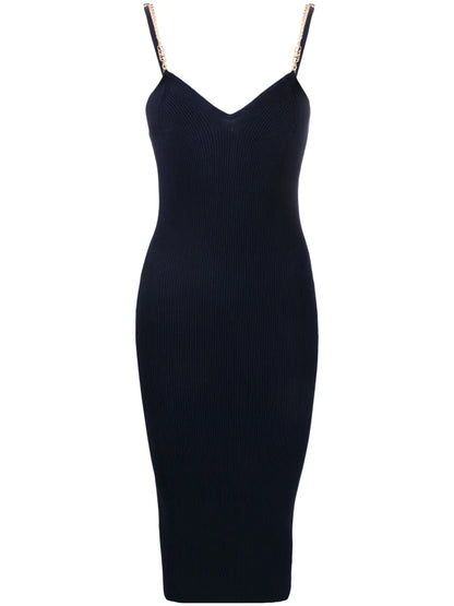 Chain-Straps Ribbed Midi Dress
