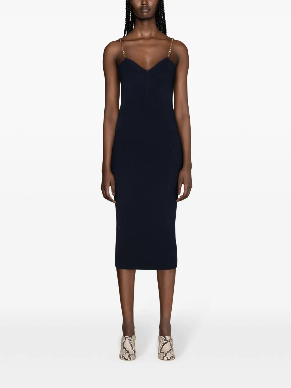 Chain-Straps Ribbed Midi Dress