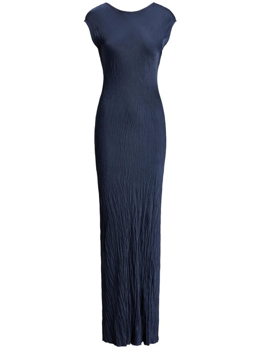 Crinkled Satin Short-Sleeve Gown
