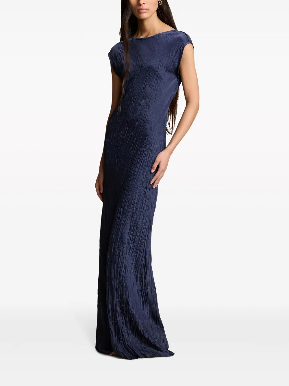 Crinkled Satin Short-Sleeve Gown