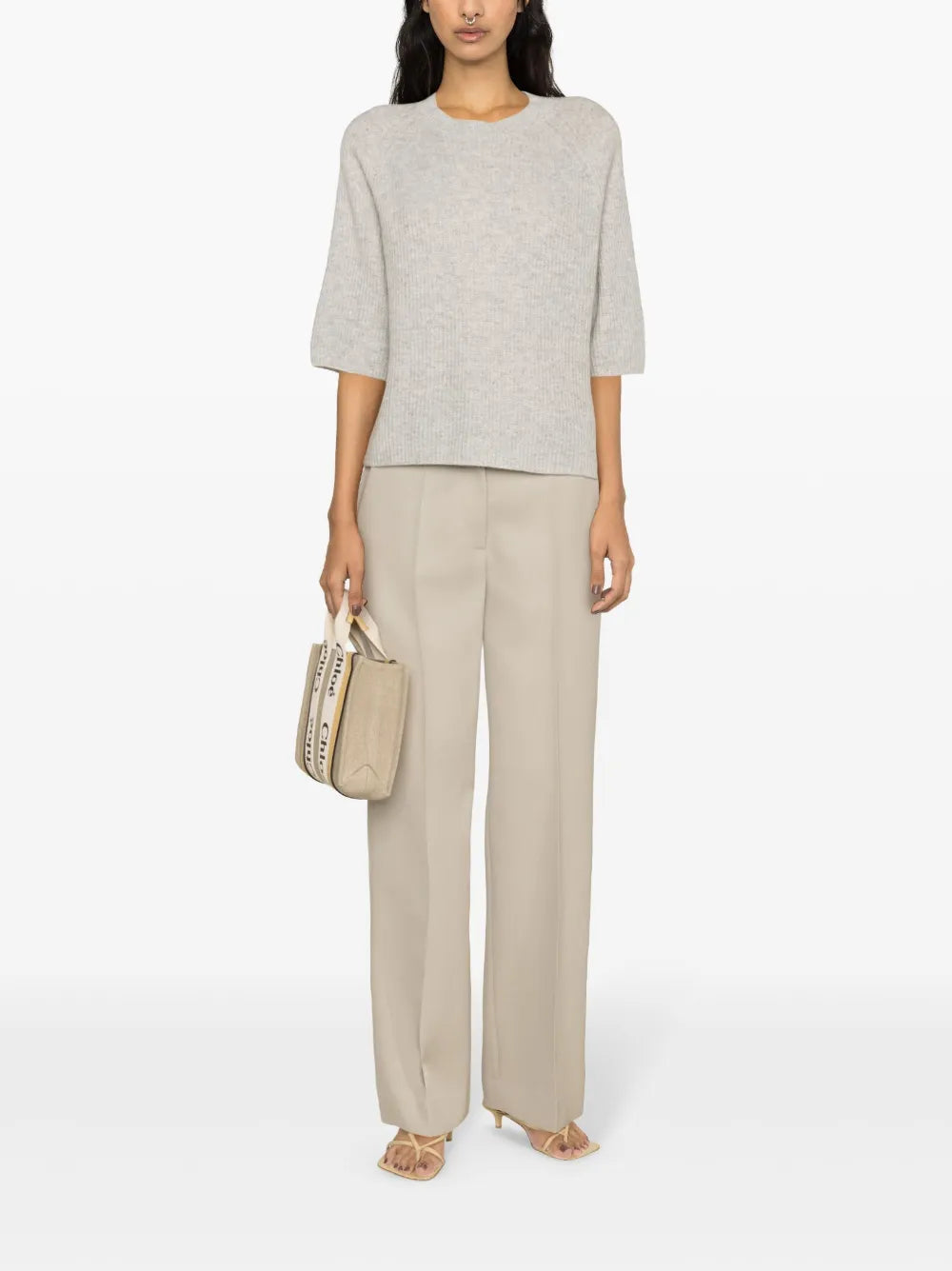 Ribbed Half-Length Sleeve Cashmere Jumper