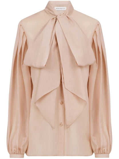 Pussy-Bow-Collar Silk-Cotton Shirt