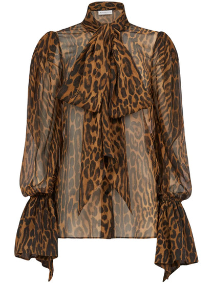 Pussy Bow-Collar Animal-Print Blouse