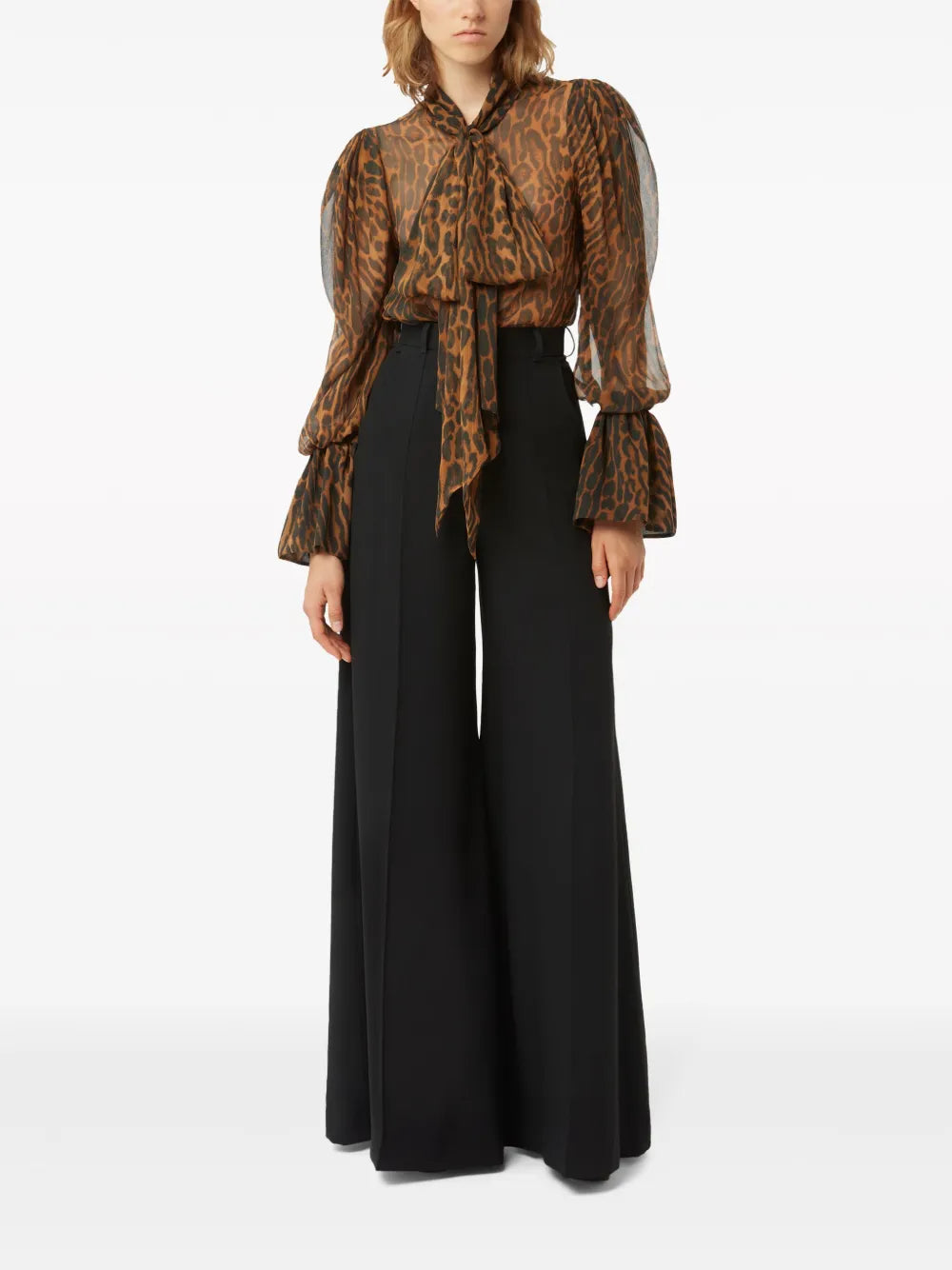 Pussy Bow-Collar Animal-Print Blouse