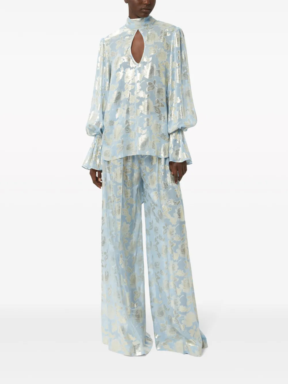 Floral-Jacquard Palazzo Pants