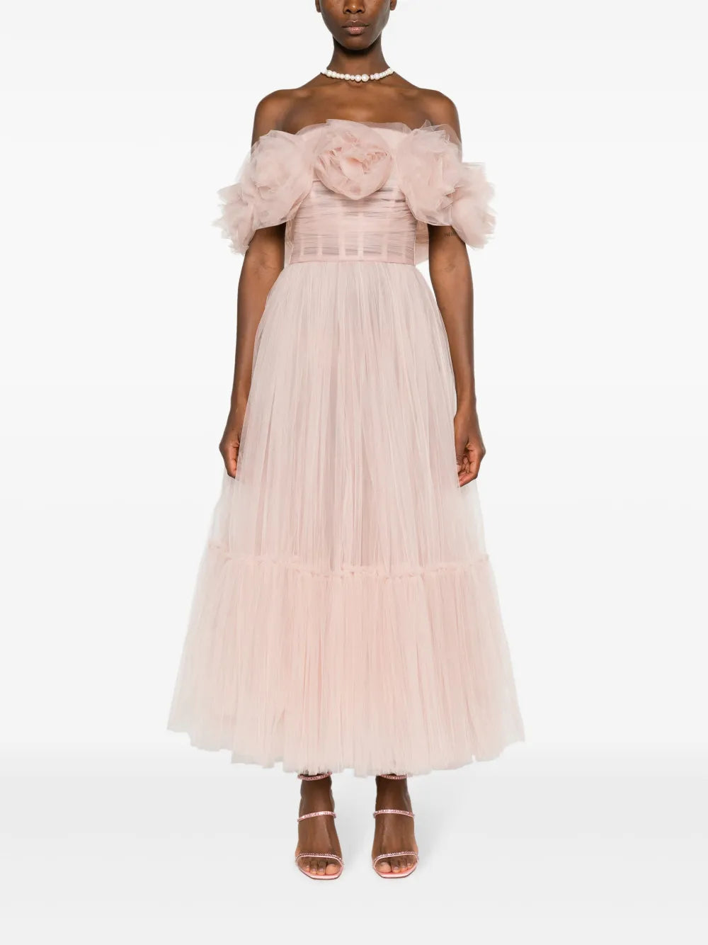 Floral-Appliqué Tulle Midi Dress