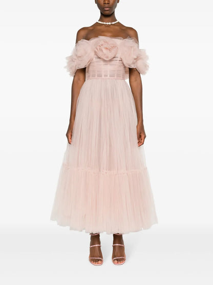 Floral-Appliqué Tulle Midi Dress
