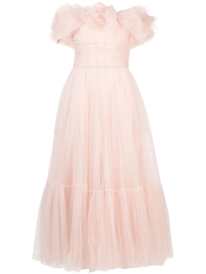 Floral-Appliqué Tulle Midi Dress