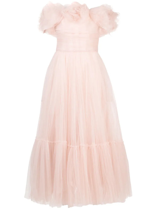 Floral-Appliqué Tulle Midi Dress
