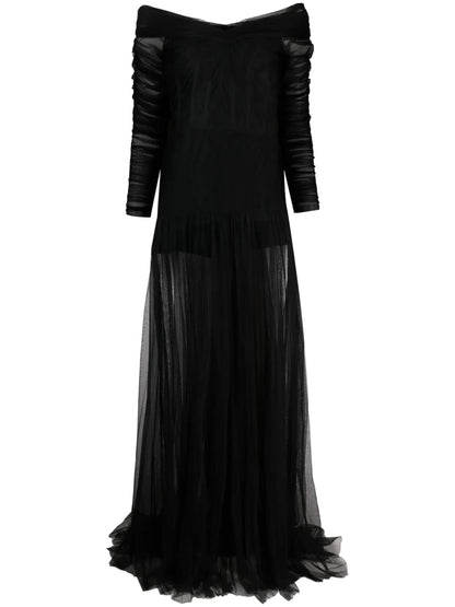 Sheer-Overlay Off-Shoulder Gown