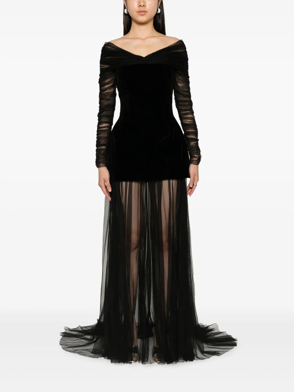 Sheer-Overlay Off-Shoulder Gown