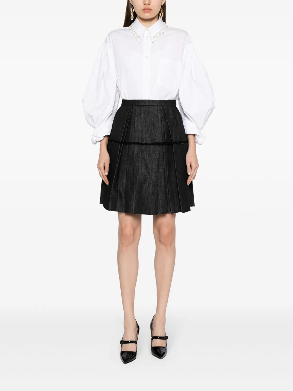 High-Waisted Pleated Denim Skirt