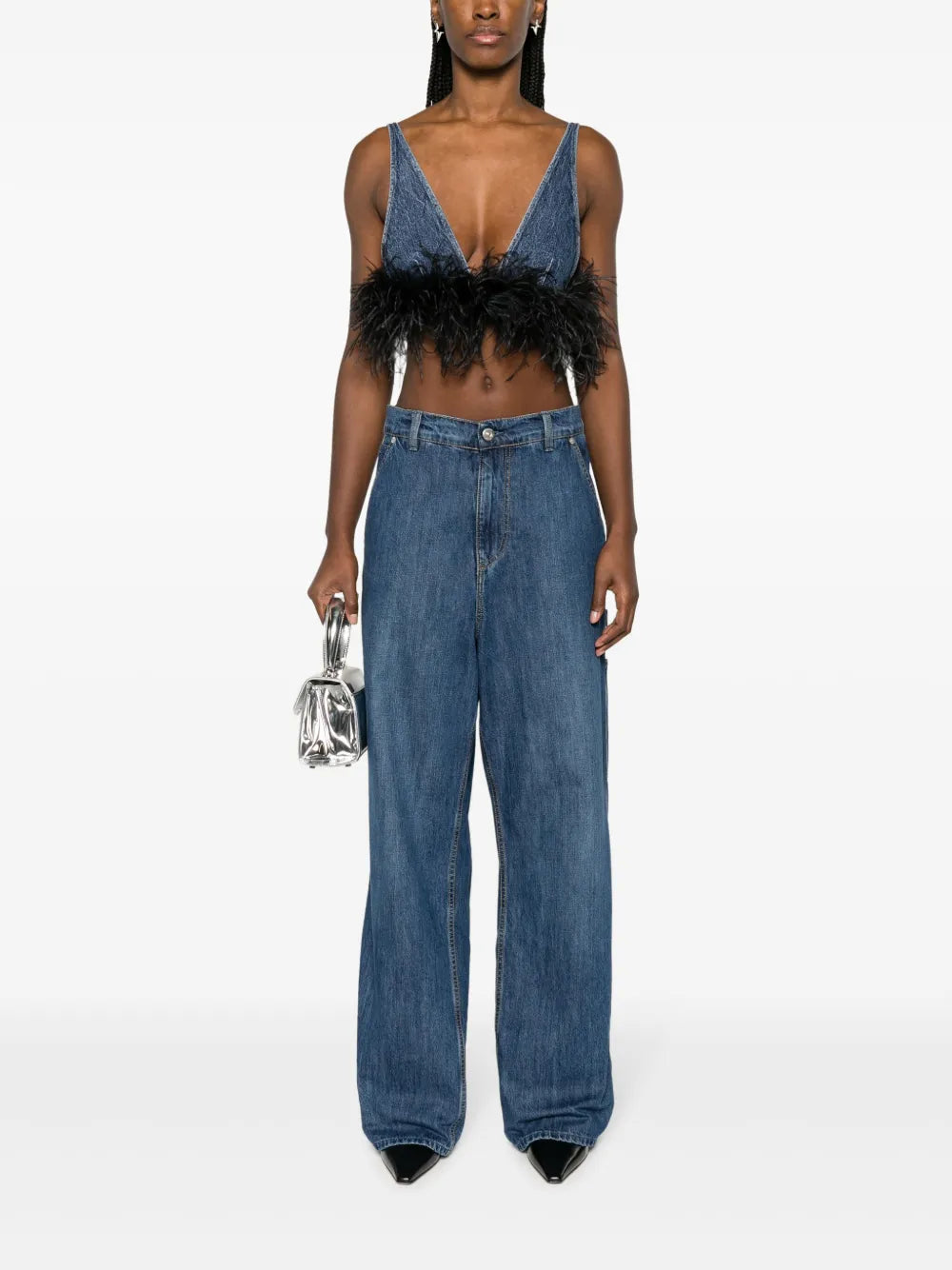 Feather-Trim Denim Top