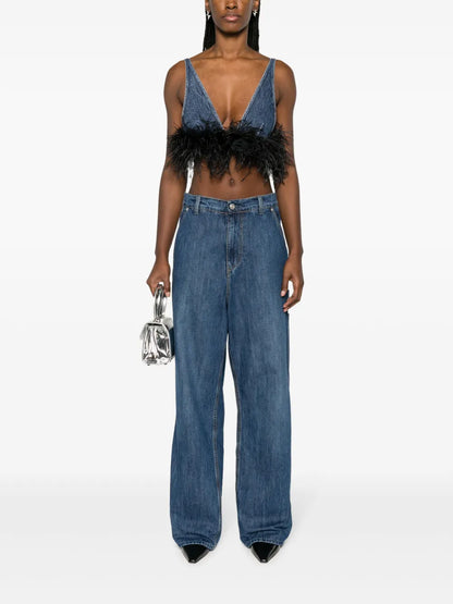 Feather-Trim Denim Top