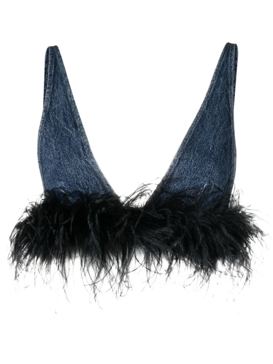 Feather-Trim Denim Top