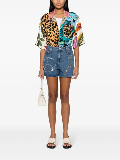 Logo-Patch Stud-Embellished Denim Shorts