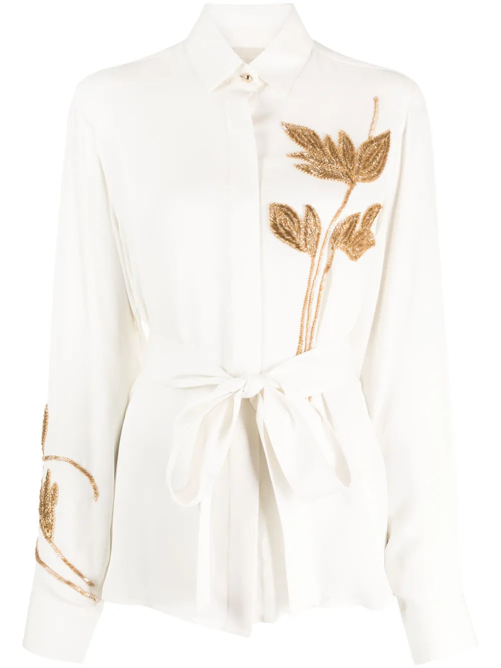Foliage-Embroidered Silk Shirt
