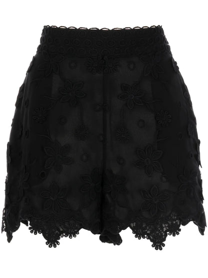 Floral-Embroidered Silk Shorts