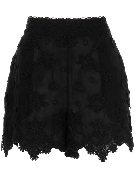 Floral-Embroidered Silk Shorts