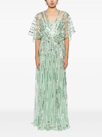 Floral-Appliqué Tulle Gown