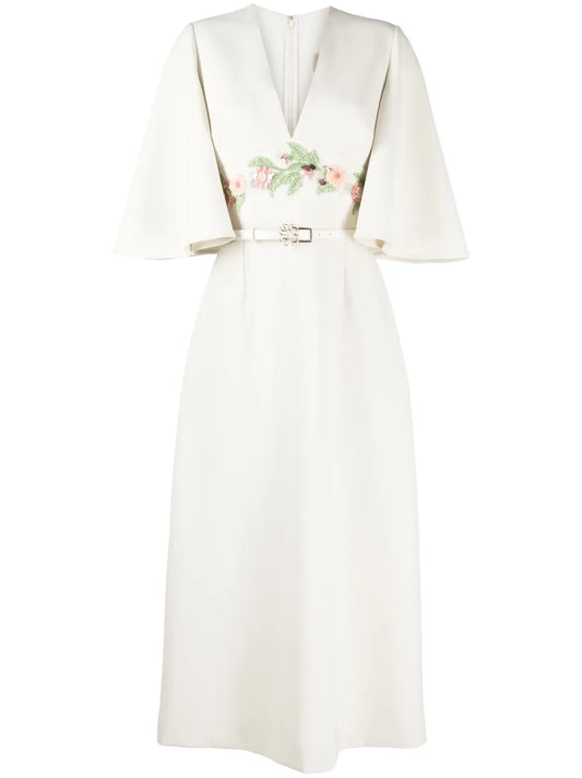 Floral-Appliqué Midi Dress
