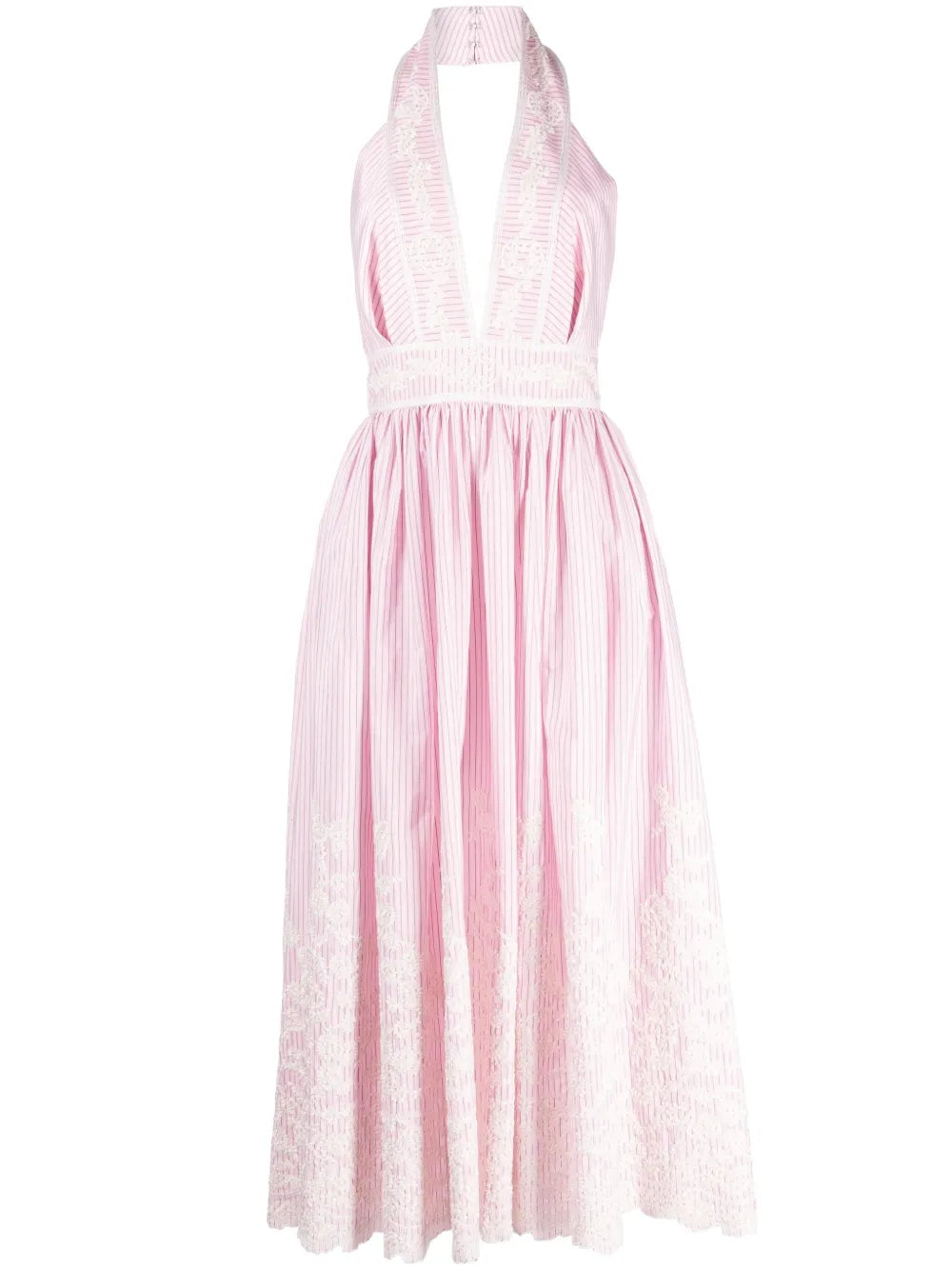 Pinstripe Floral-Embroidered Halterneck Dress