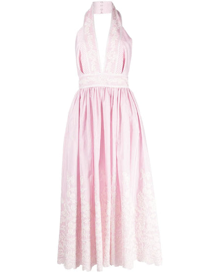 Pinstripe Floral-Embroidered Halterneck Dress