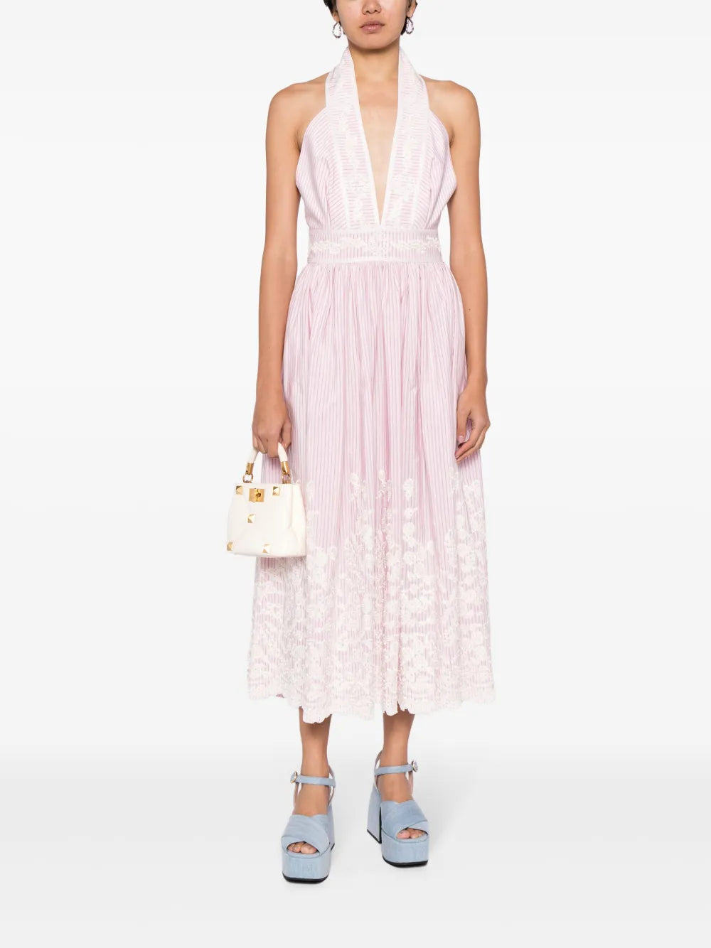 Pinstripe Floral-Embroidered Halterneck Dress