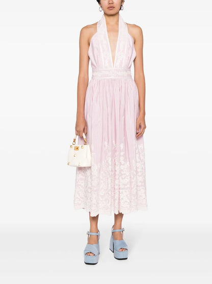 Pinstripe Floral-Embroidered Halterneck Dress