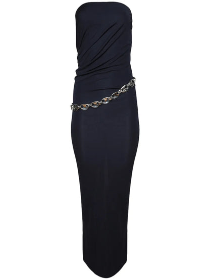 Chain-Detail Ruched Maxi Dress