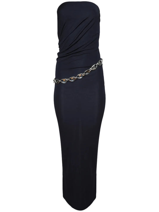 Chain-Detail Ruched Maxi Dress