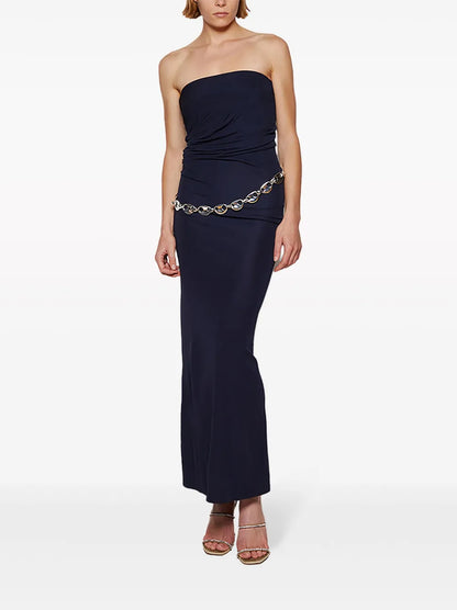 Chain-Detail Ruched Maxi Dress