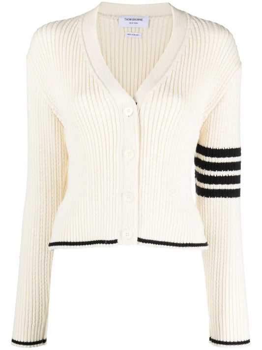 Stripe-Detailing Cable-Knit Cardigan
