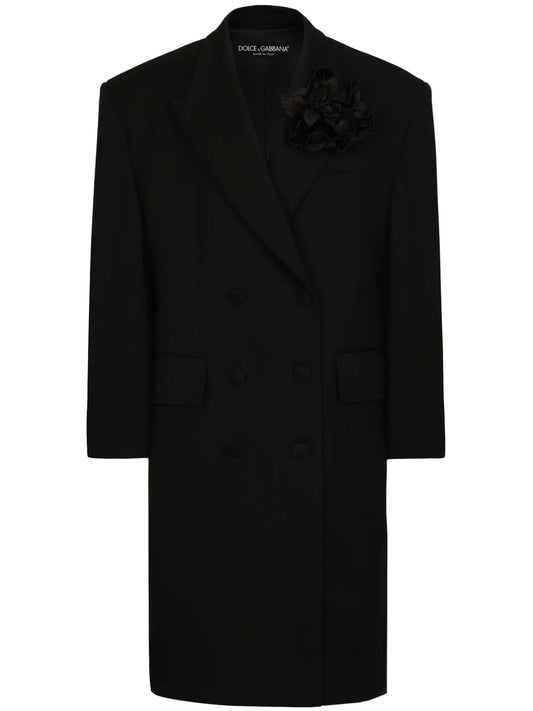Floral-Appliqué Virgin Wool Coat