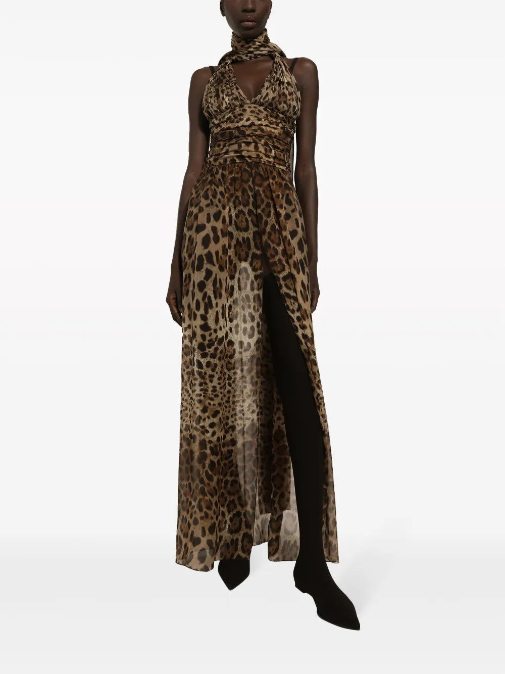 Leopard-Print Halterneck Silk Gown