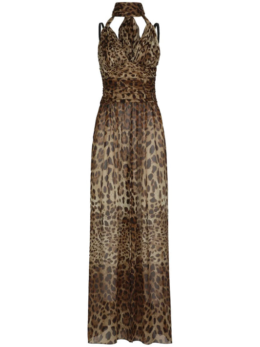 Leopard-Print Halterneck Silk Gown